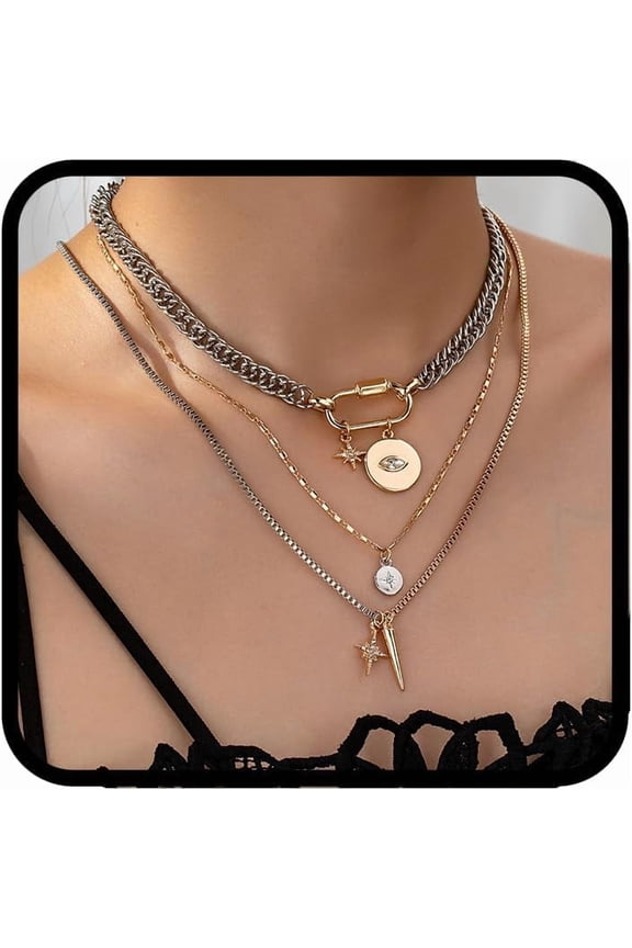 Gold Layered Necklaces For Women, 3PS Chunky Two Tone Necklace Silver Coin Pendant Paperclip Stacked Chain Trendy Statement Jewelry Gift