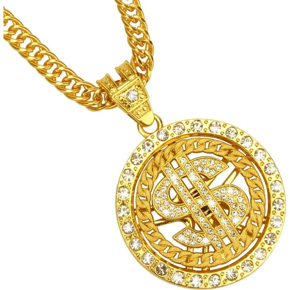 Tilga Gold Necklace Chain with Dollar Sign, 18K Gold Plated Hip Hop Chain Necklace Pendant for Men, 30inch (Rotatable,Lion Head)