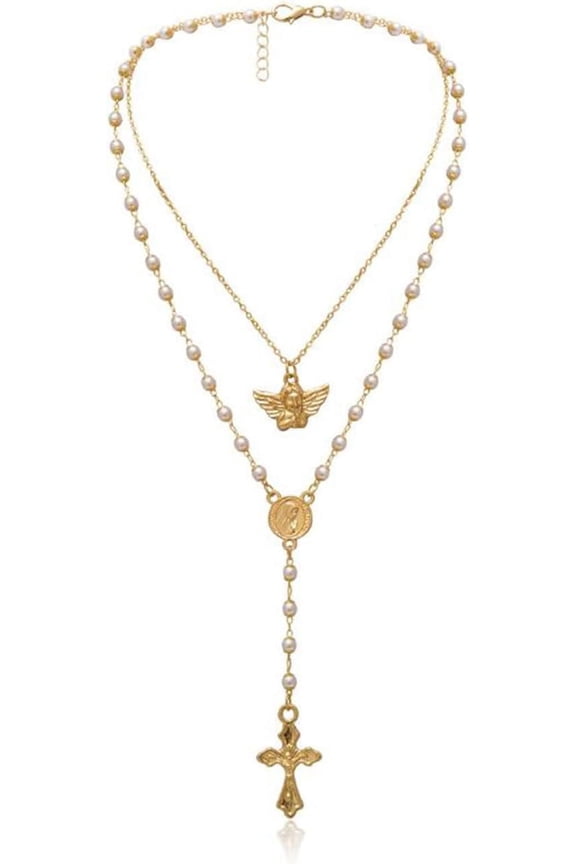 Gold Rosary Necklace with Angel Vrigin Mary Gold Cross Necklace for Women Ladies Layered Beads Necklace Jewelry