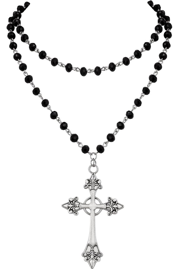 Goth Layered Cross Necklace, Gothic Emo Grunge Y2k Necklace, Black Bead choker, Goth Jewelry, Christmas Jewelry Gift For Women