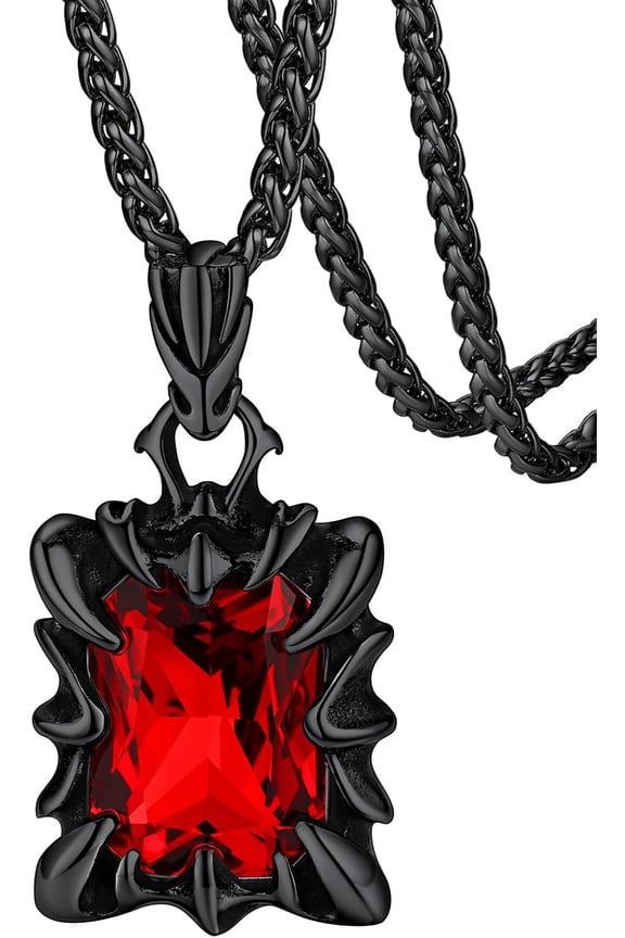 Gothic Dragon Claw Necklace for Men, Punk Biker Stainless Steel Amulet Pendant with Black/Red/Green/Blue Gemstone, Gift Box