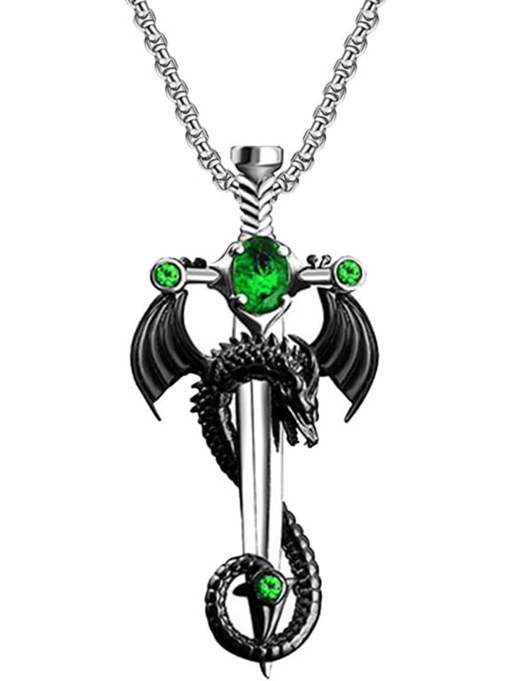 Gothic Dragon Sword Cross Pendant Necklace - Punk Style Dark Fantasy Jewelry with Green Zirconia Accents, Silver-Tone Chain for Men & Women