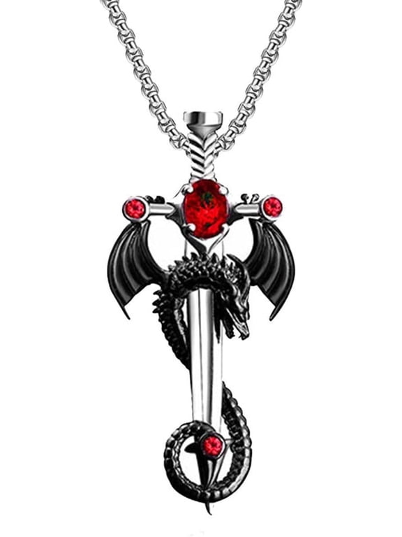 Gothic Dragon Sword Cross Pendant Necklace for Men & Women - Punk Style Dark Fantasy Jewelry with Red Crystal Accents, Silver-Tone Chain