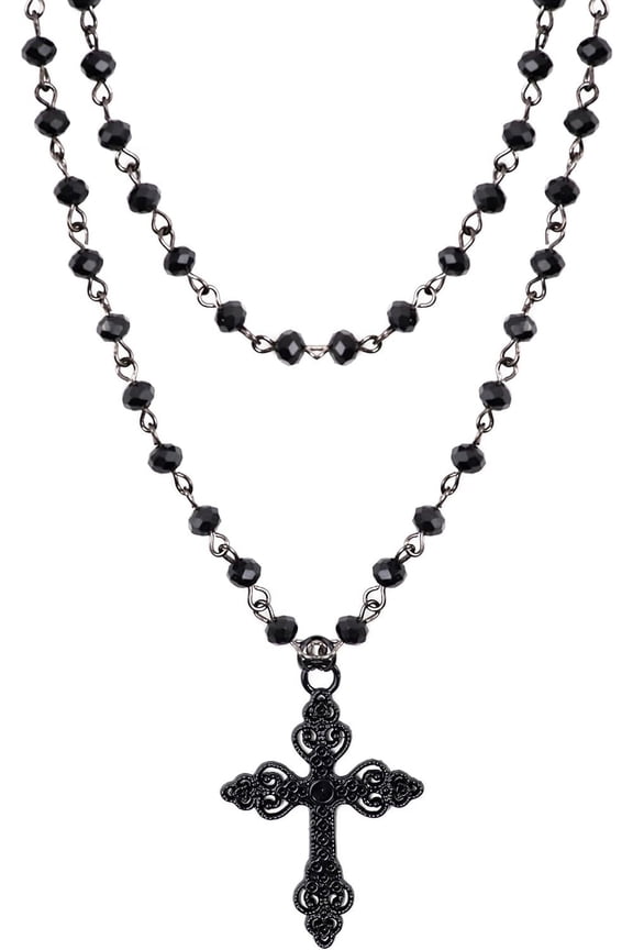 Gothic Layered Cross Choker Necklace, Black Bead Cross Choker, Gothic Emo Grunge Necklace, Costume Jewelry, Halloween Christmas Jewelry Gift for Women