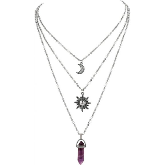Tilga Gothic Layered Crystal Sun and Moon Necklace, Moon and Sun Pendant, Gothic Goth Emo Grunge Necklace, Goth Jewelry, Halloween Christmas Jewelry Gift For Women