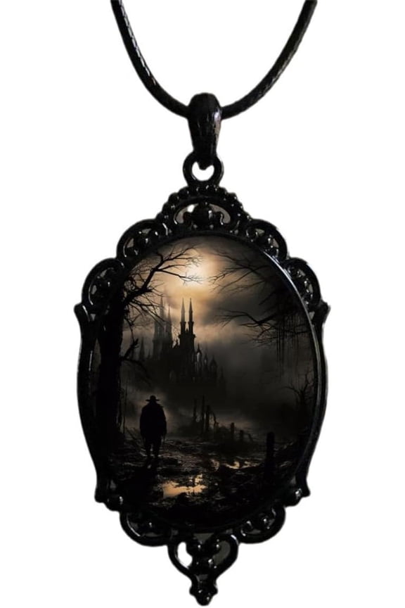 Gothic Raven Castle Pendant Necklace,Vintage Cameo Glass Pendant Necklace Punk Style Victorian Choker Necklace Goth Raven Cabochon Choker Mystic Witch Halloween Jewelry for Women