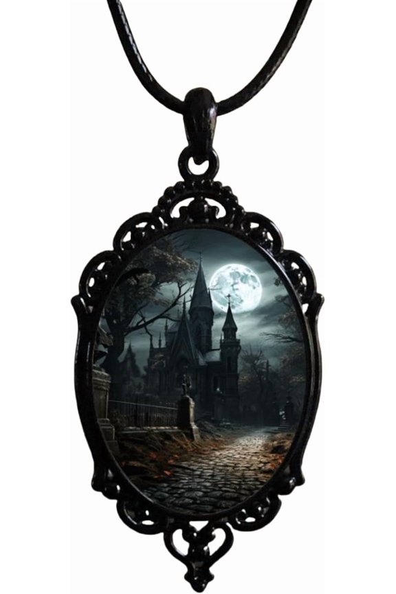 Gothic Raven Castle Pendant Necklace,Vintage Cameo Glass Pendant Necklace Punk Style Victorian Choker Necklace Goth Raven Cabochon Choker Mystic Witch Halloween Jewelry for Women