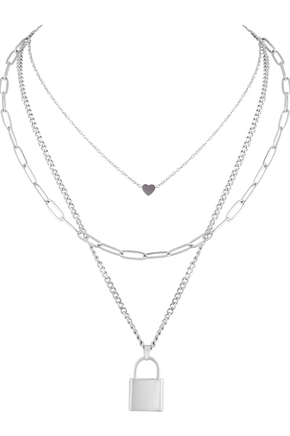 Gothic Silver-Tone, Black Layered Heart Lock Necklace, Emo Grunge Punk Necklace, Goth Jewelry, Halloween Christmas Jewelry Gift For Women