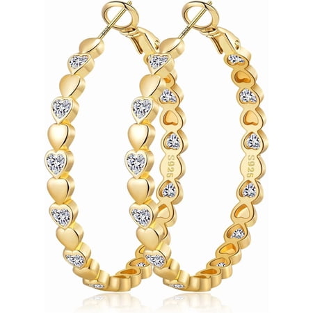 Soleilie Heart CZ Large Hoop Earrings for Women - Gold-Tone Sparkling Heart-Shaped Hoops, Lightweight Hypoallergenic Jewelry Gift (30-60mm)