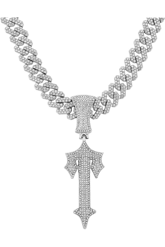 Hip Hop Cross Sword Necklaces with 12MM 20" Miami Cuban Link Chain, Iced Out Diamond Initial T Pendant Necklace, Alphabet Letter Pendant Choker, Trendy Rapper Jewelry for Men Women