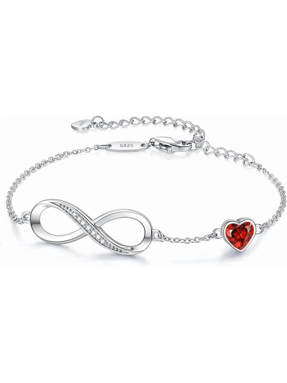 Women’s Infinity Heart Pendant Chain Bracelet, Silver Tone Adjustable Bracelet with Sparkling Red CZ Stone, Romantic Jewelry Gift for Wife, Girlfriend, Mom