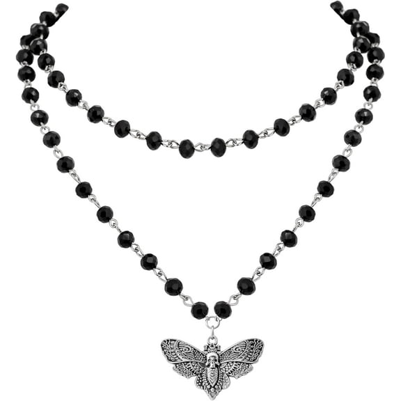 Tilga Layered Black Moth Skull Choker, Black Beaded Choker, Gothic Goth Necklace, Christmas Jewelry Gift for Women