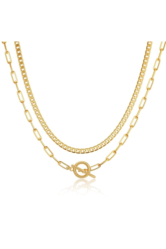 Layered Necklaces for Women, 14K Gold Plated Chain Necklace Women Trendy Cuban Link Paperclip Chain Toggle Clasp Necklace Fashion Chunky Jewelry for Women