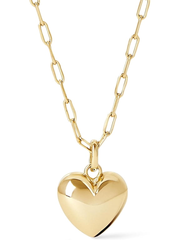 Lev Puffy Heart Necklace for Women - Paperclip Chain w/ 14K Gold Plated & Silver Rhodium Plated Small Puffed Heart Pendant - Hypoallergenic, Water-Resistant, Tarnish-Free Jewelry