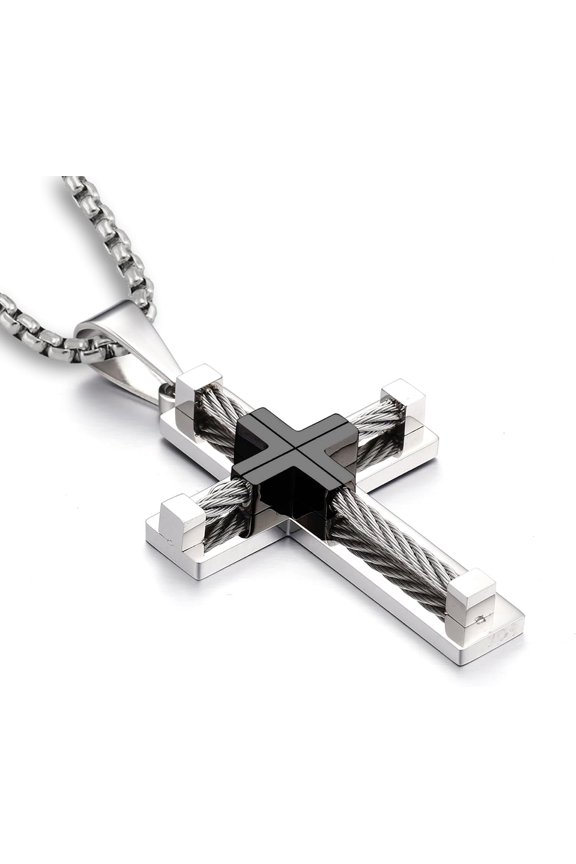 Men's Cross Necklace 316L Stainless Steel Large Jesus Christ Pendant Jewelry Rolo Chain for 24″