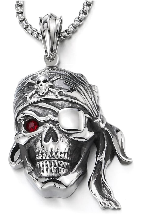 Mens Steel Viking Pirate Skull Pendant Necklace with Cubic Zirconia and Wheat Chain