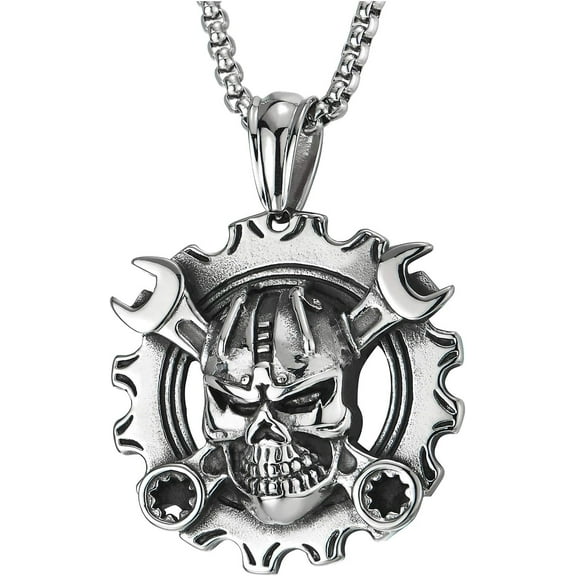 Tilga Mens Steel Vintage Mechanic Wrench Gear Wheel Skull Pendant Necklace 30 in Wheat Chain Biker Gothic