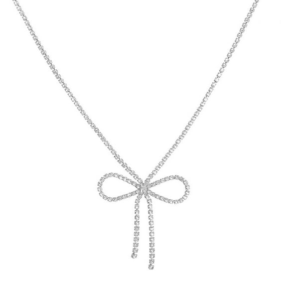 Tilga Rhinestone Bow Pendant Necklace Jewelry Silver Crystal Bowknot Choker Necklace Chain Dainty Tennis for Women