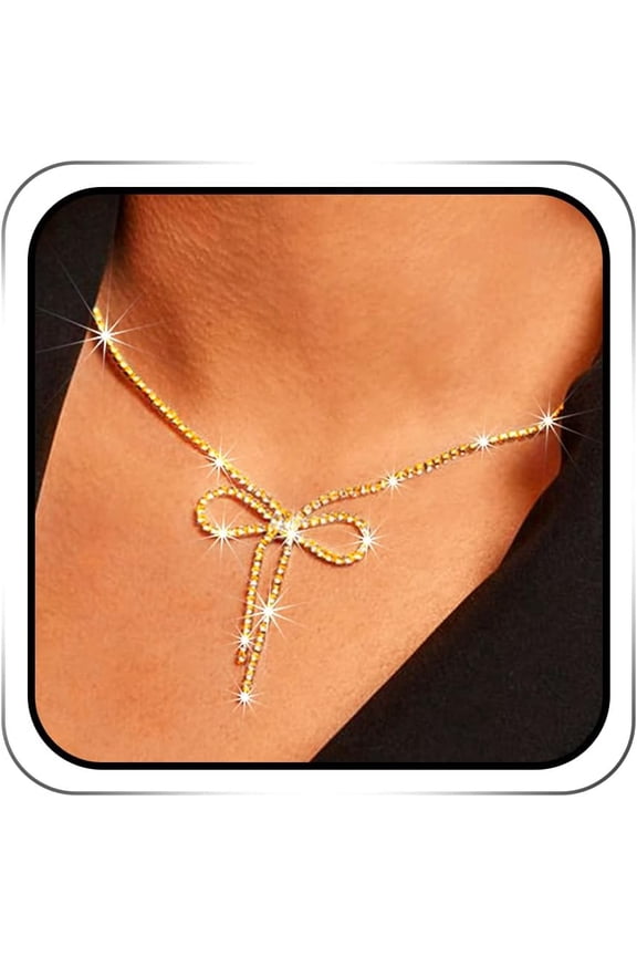 Rhinestone Bow Pendant Necklace Jewelry Silver Crystal Bowknot Choker Necklace Chain Dainty Tennis for Women
