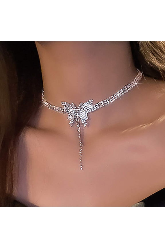 Rhinestone Choker Necklace Silver Diamond Row Necklaces Sparkly Crystal Prom Jewerly for Women