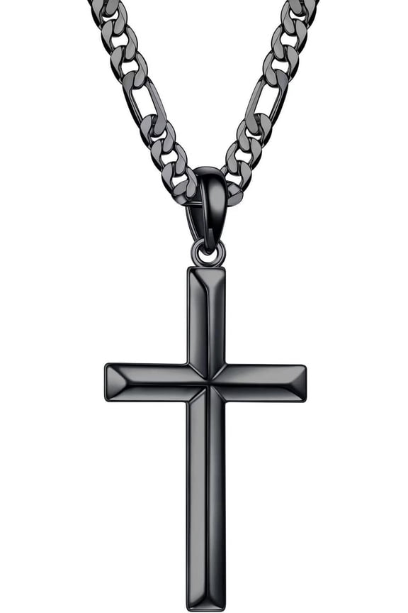 S925 Sterling Silver Cross Pendant Cross Necklace for Men, Mens Cross Necklace 18K Gold Plated Silver Black Figaro Chain Necklace for Men Women 16 18 20 22 24 Inch Cross Necklace
