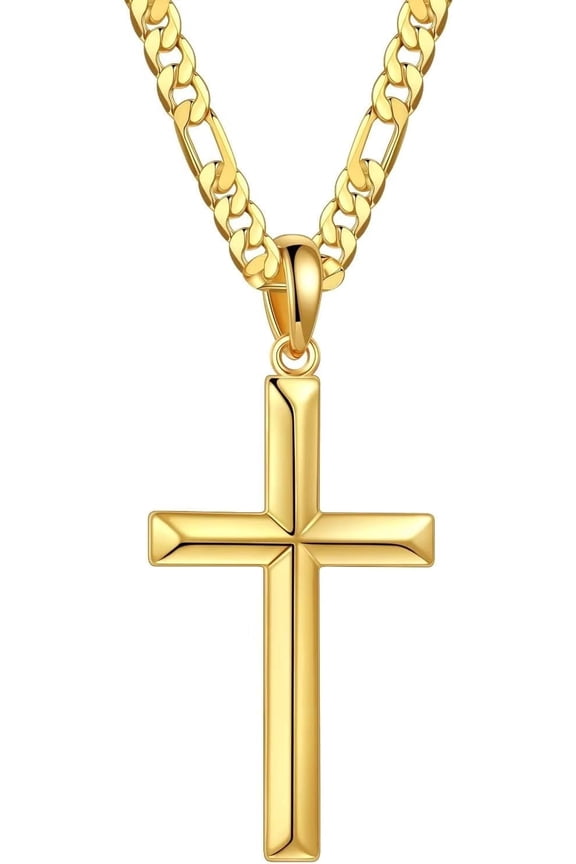 S925 Sterling Silver Cross Pendant Cross Necklace for Men, Mens Cross Necklace 18K Gold Plated Silver Black Figaro Chain Necklace for Men Women 16 18 20 22 24 Inch Cross Necklace