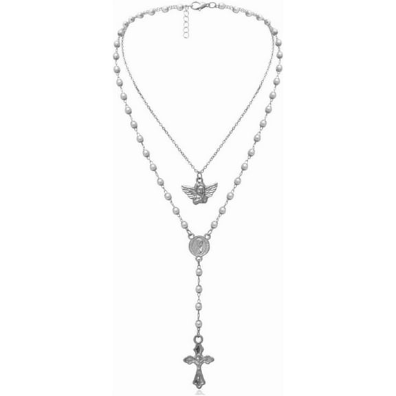 Tilga Silver Rosary Necklace with Angel Vrigin Mary Gold Cross Necklace for Women Ladies Layered Beads Necklace Jewelry