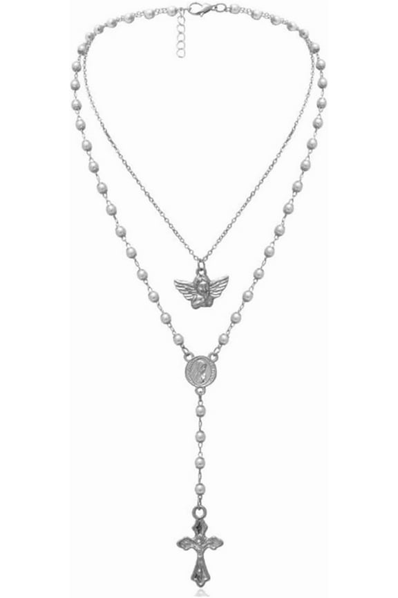 Silver Rosary Necklace with Angel Vrigin Mary Gold Cross Necklace for Women Ladies Layered Beads Necklace Jewelry