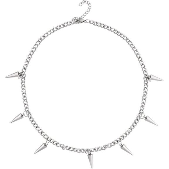 Tilga Silver-tone Chunky Chain Spike Necklace, Grunge Necklaces, Punk Necklace, Gothic Goth Necklace, Emo Necklace, Christmas New Year Jewelry Gift For Women