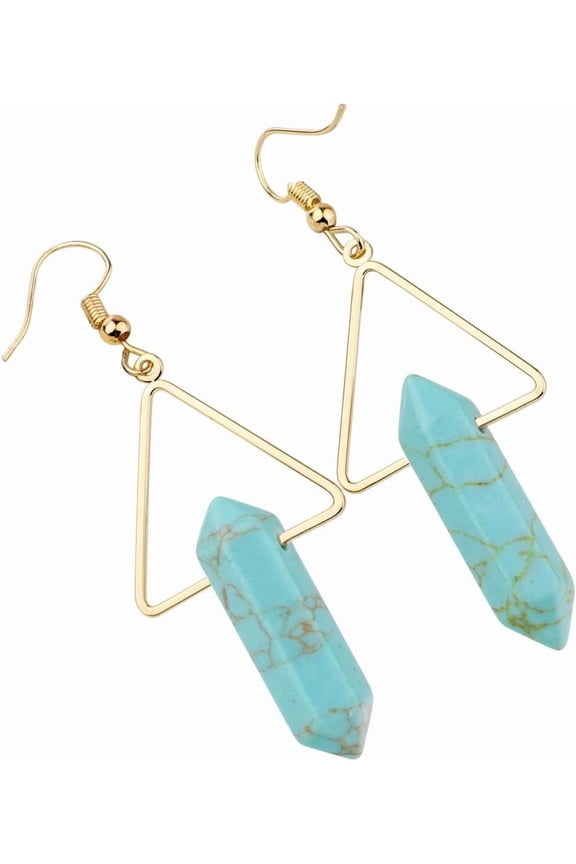 Stone Dangle Drop Earrings for Women, Hexagonal Double Points Healing Crystal Quartz Gold Plated Triangle Earrings with Hook