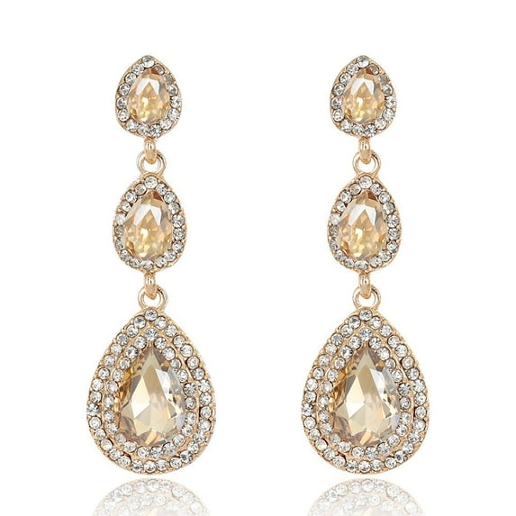 Tilga Vintage Teardrop Dangle Champagne Rhinestones Earrings for Women Wedding Bridal Long Stud Earrings for Women (Champagne)