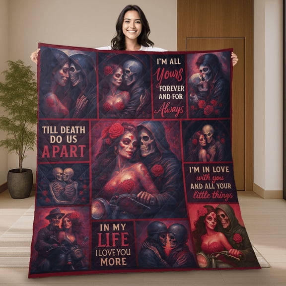 Till Death Do Us Part Skull Couple Quilt Blanket – Gothic Love Gift, Dark Romance Blanket, Biker Couple Home Décor, Valentine’s Day Wedding Anniversary Keepsake Quilt