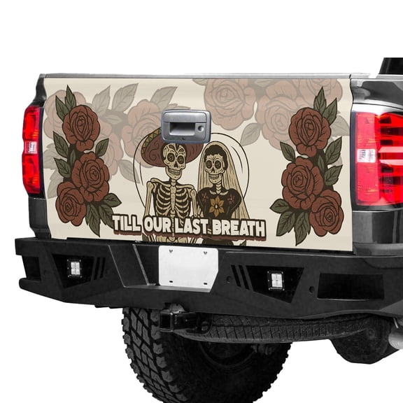 Till Our Last Breath Tailgate Wrap – Gothic Skeleton Couple Truck Tailgate Decal, Dark Romance Rear Gate Vinyl Wrap
