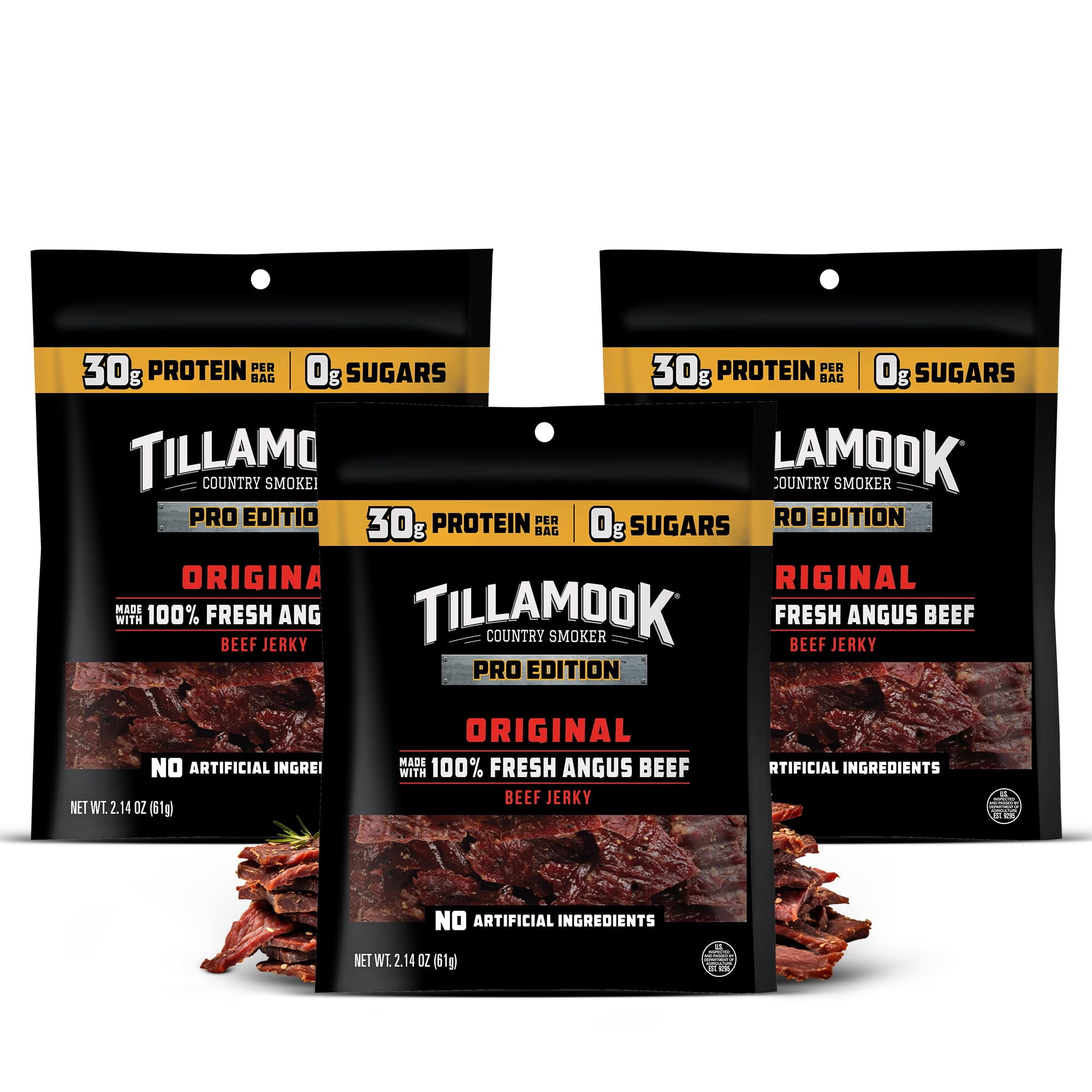 Tillamook Beef Jerky, Country AKF18 Smoker PRO Edition, Original, 2.14 Oz (3 Pack) Real Hardwood Smoked Fresh Angus Beef, Low Carb, High Protein Ready to Eat Keto Snack for Athletes, Gluten Free