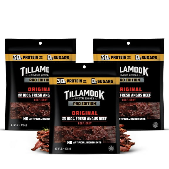 Tillamook Beef Jerky, Country ESF27 Smoker PRO Edition, Original, 2.14 Oz (3 Pack) Real Hardwood Smoked Fresh Angus Beef, Low Carb, High Protein Ready to Eat Keto Snack for Athletes, Gluten Free