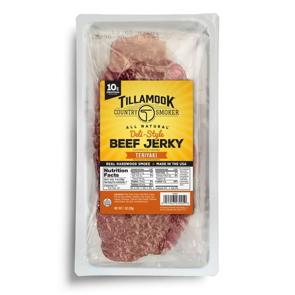 Tillamook Beef Jerky, Country ESF27 Smoker Teriyaki Deli Style Thin Sliced Slab, Low Carb, High Protein, Ready to Eat Keto Snacks, Chopped & Formed Slabs,12 Count Tray