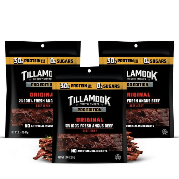 Tillamook Beef Jerky, Country Smoker MDA05PRO Edition, Zero 2.14 Oz (3 Pack) Real Hardwood Smoked Fresh Angus Beef, Low Carb, High Protein Ready to Eat Keto Snack for Athletes, Gluten Free