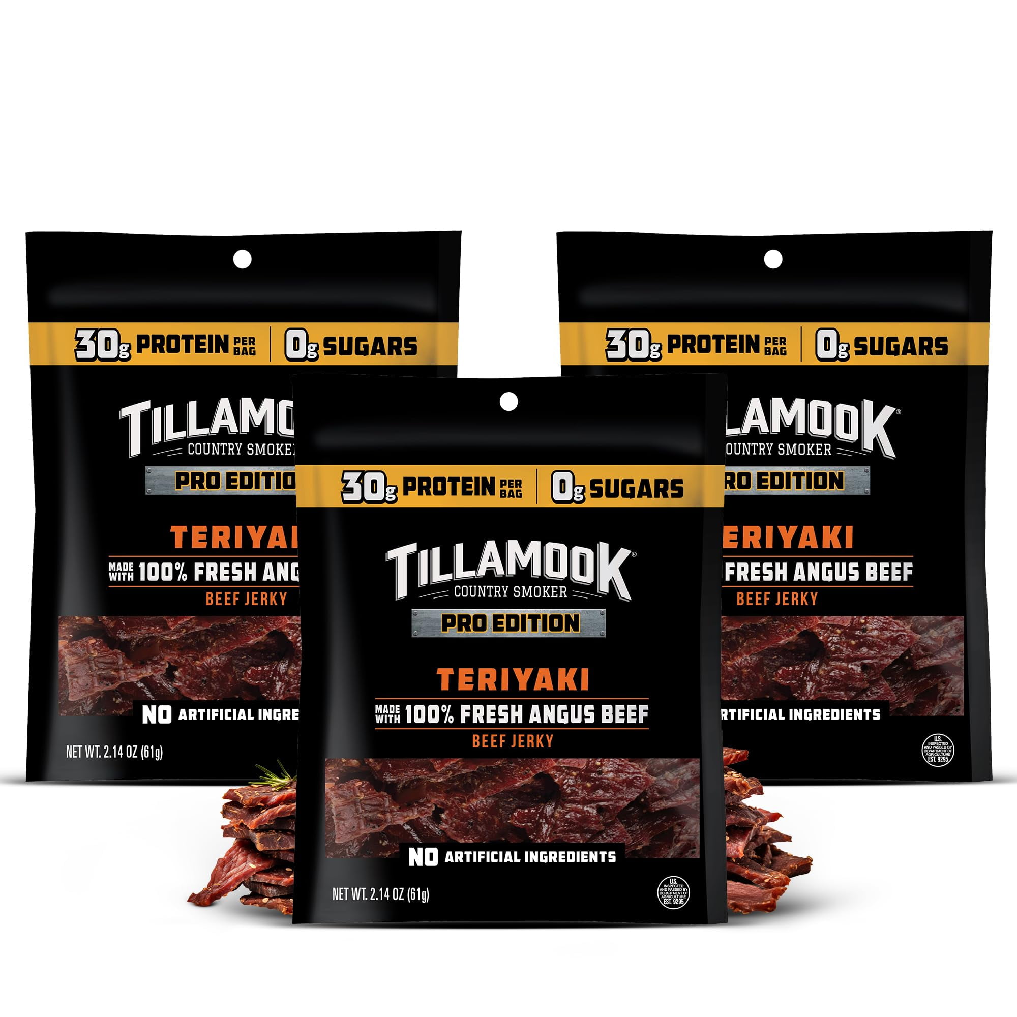 Tillamook Beef Jerky, Country Smoker PRO Edition, MDH1Zero 2.14 Oz (3 Pack) Real Hardwood Smoked Fresh Angus Beef, Low Carb, High Protein Ready to Eat Keto Snack for Athletes, Gluten Free