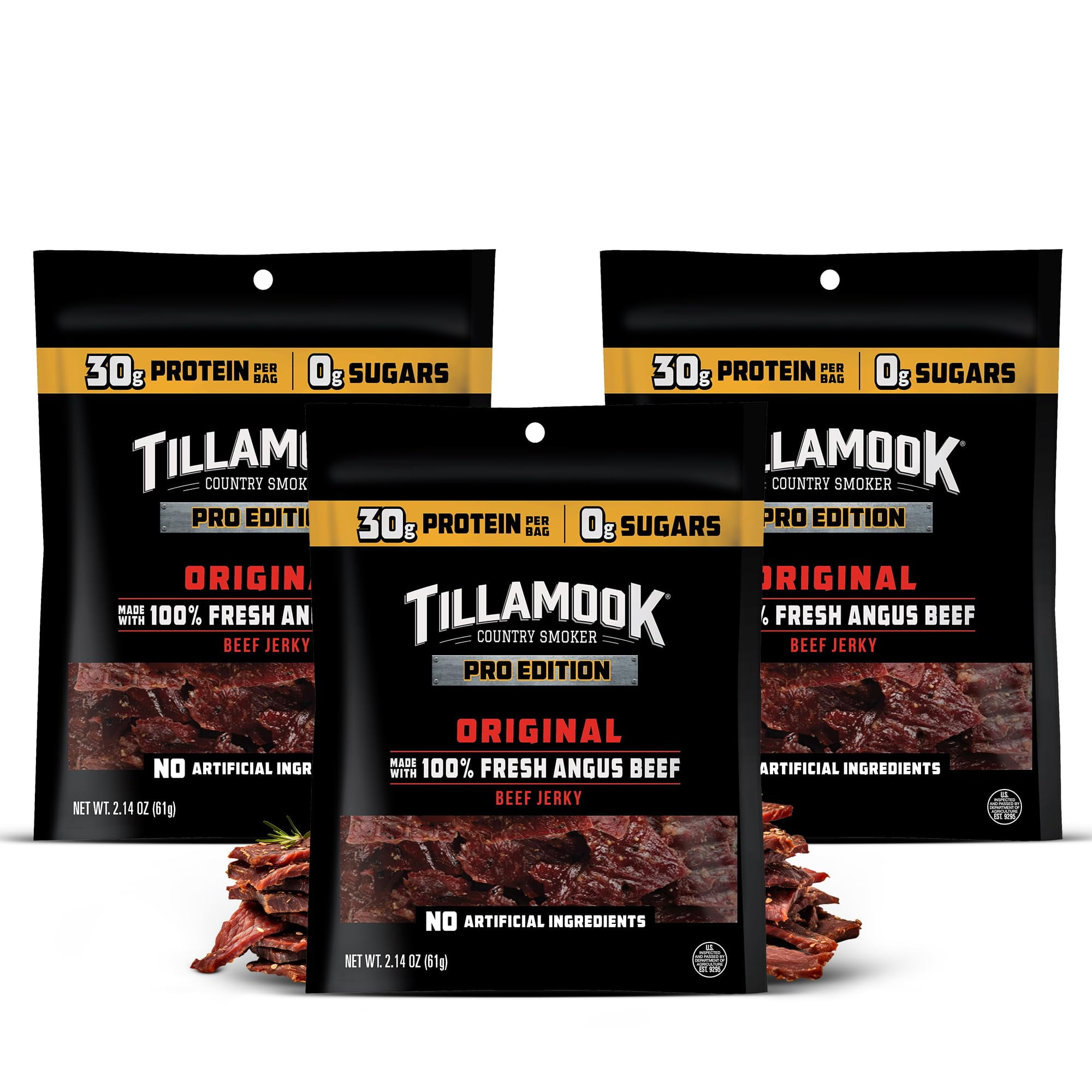 Tillamook Beef Jerky, Country Smoker PRO Edition, MDH1Zero 2.14 Oz (3 Pack) Real Hardwood Smoked Fresh Angus Beef, Low Carb, High Protein Ready to Eat Keto Snack for Athletes, Gluten Free