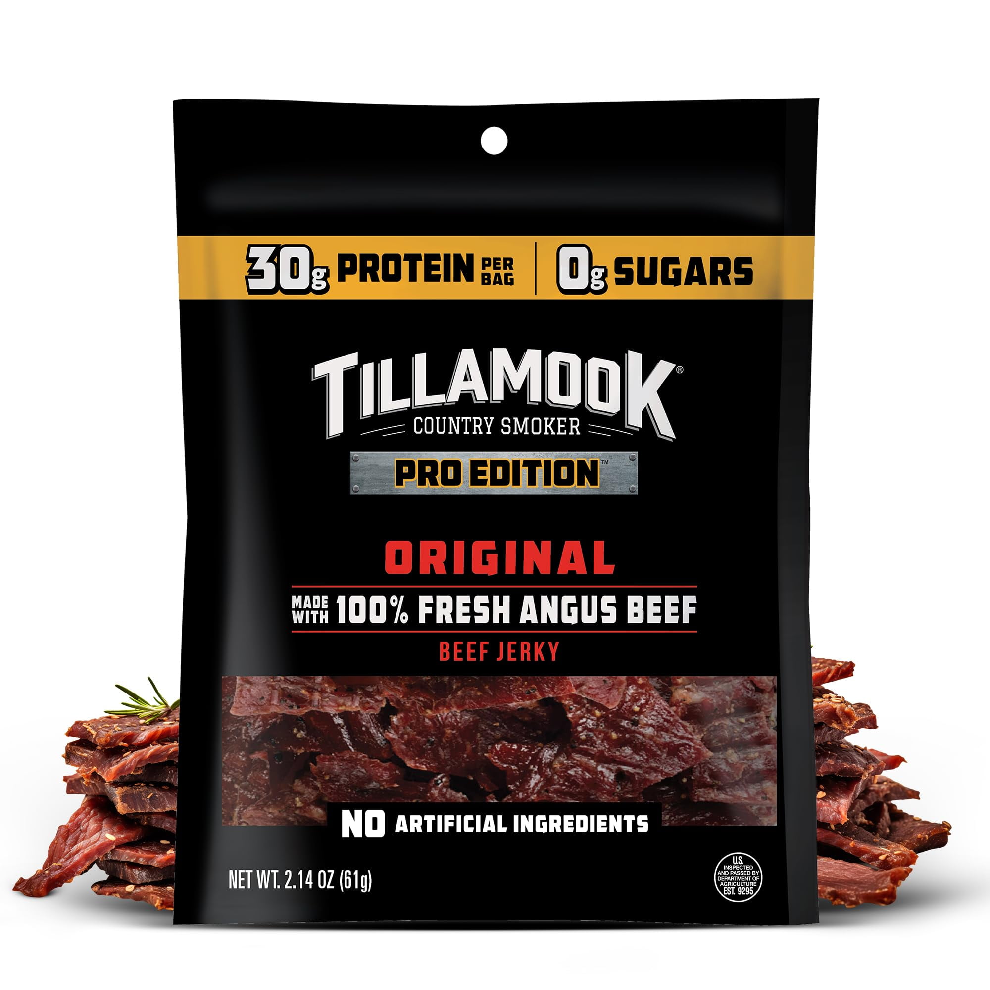 Tillamook Beef Jerky, Country Smoker PRO Edition, Zero Sugar, Original, 2.14 Oz, Real Hardwood Smoked Fresh Angus Beef, Low Carb, High Protein, Ready to Eat Keto Snack for Athletes, Gluten Free DMF15