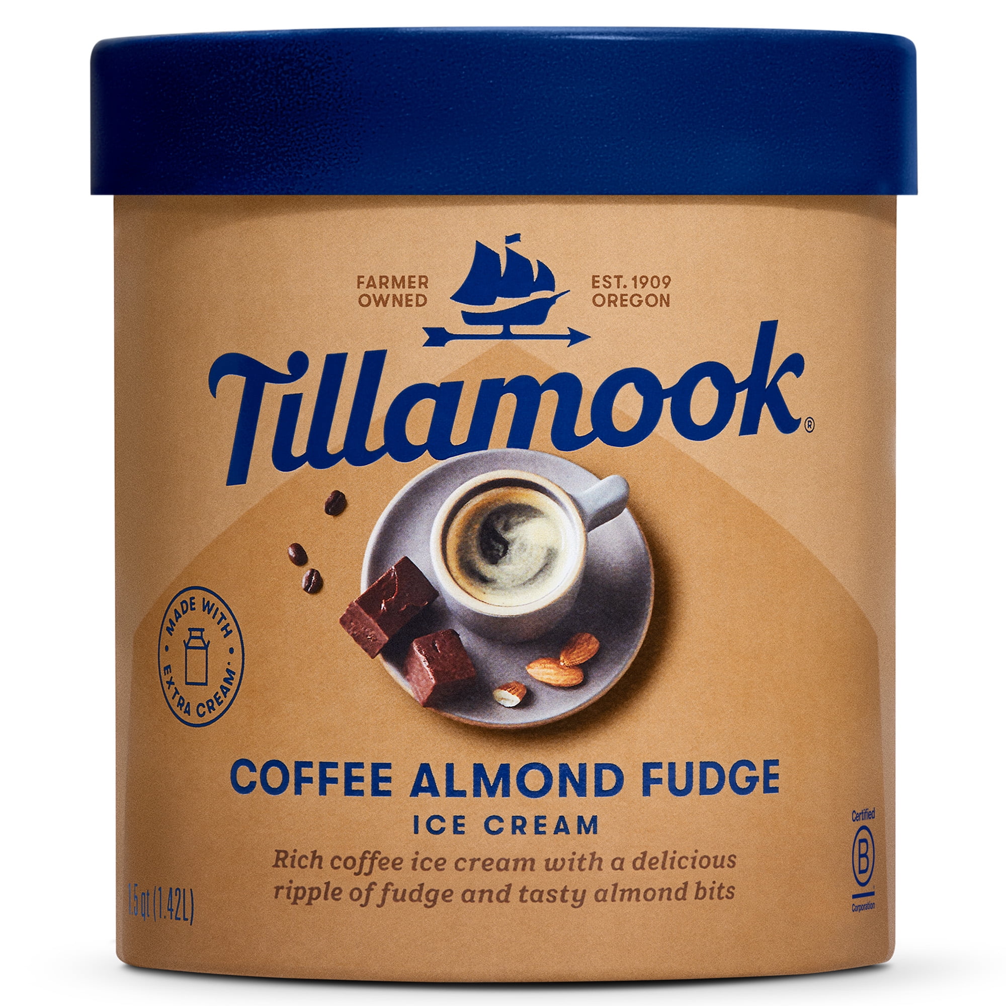 COFFEE ALMOND FUDGE RICH COFFEE ICE CREAM WITH A DELICIOUS RIPPLE OF FUDGE AND TASTY ALMOND BITS, COFFEE ALMOND FUDGE