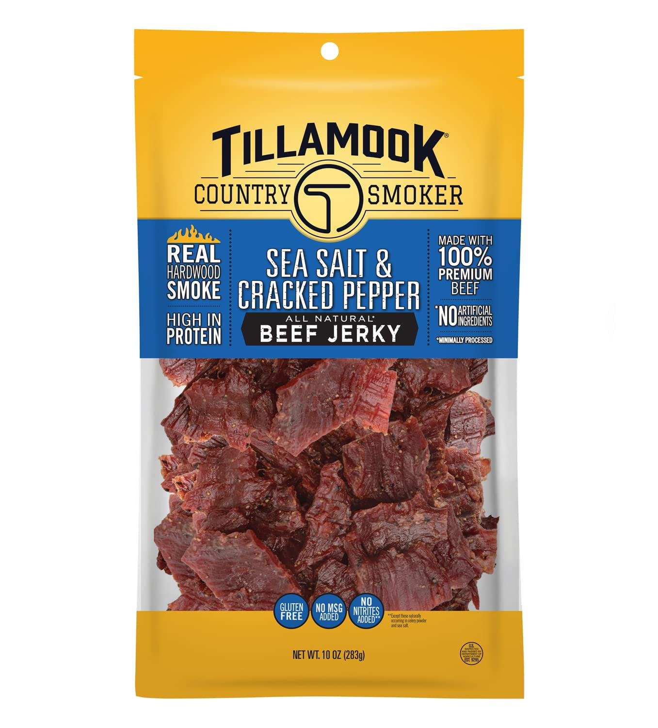 Tillamook Country Smoker FEV6Real Hardwood Smoked Beef Jerky, Sea Salt & Cracked Pepper, 10 Ounce