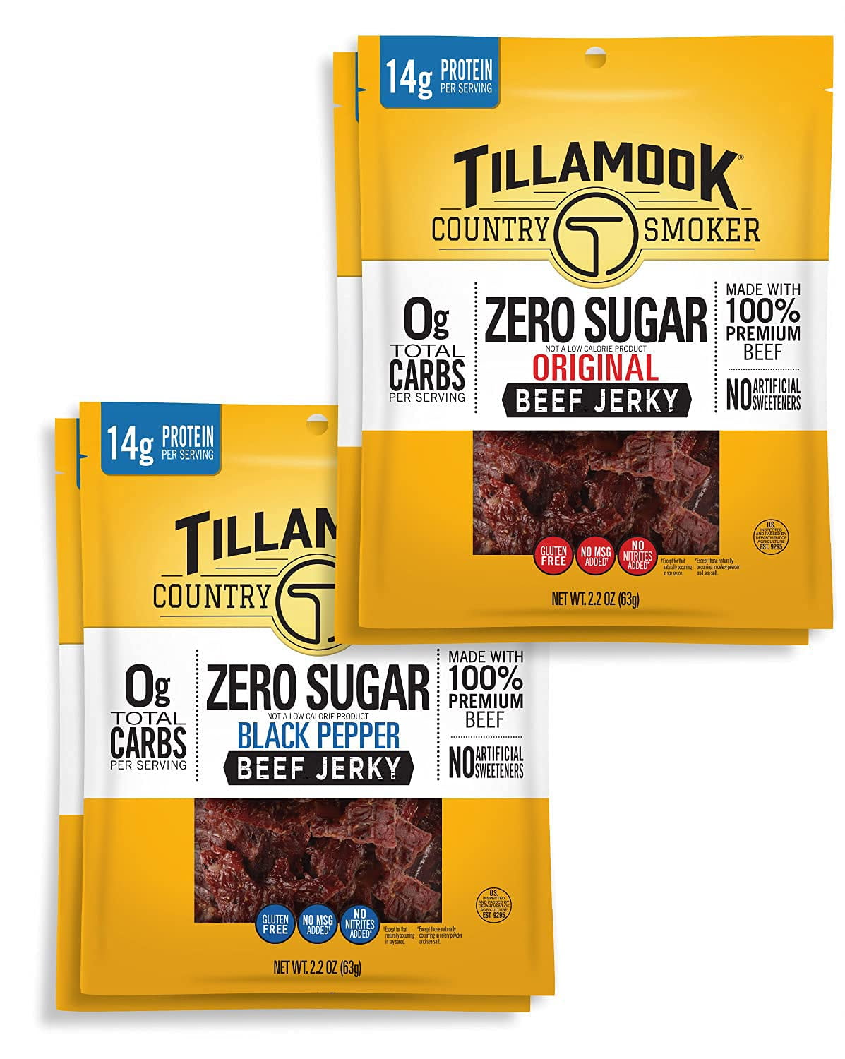 Tillamook Country Smoker Keto Friendly Zero Sugar MDH1Beef Jerky Variety Pack, Original & Black Pepper, 2.2 Ounce (Pack of 4)