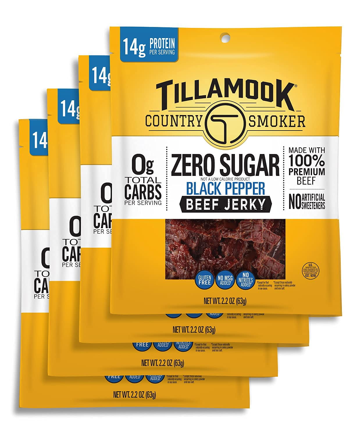 Tillamook Country Smoker Keto YYF14 Friendly Zero Sugar Beef Jerky, Black Pepper, 2.2 Ounce (Pack of 4)