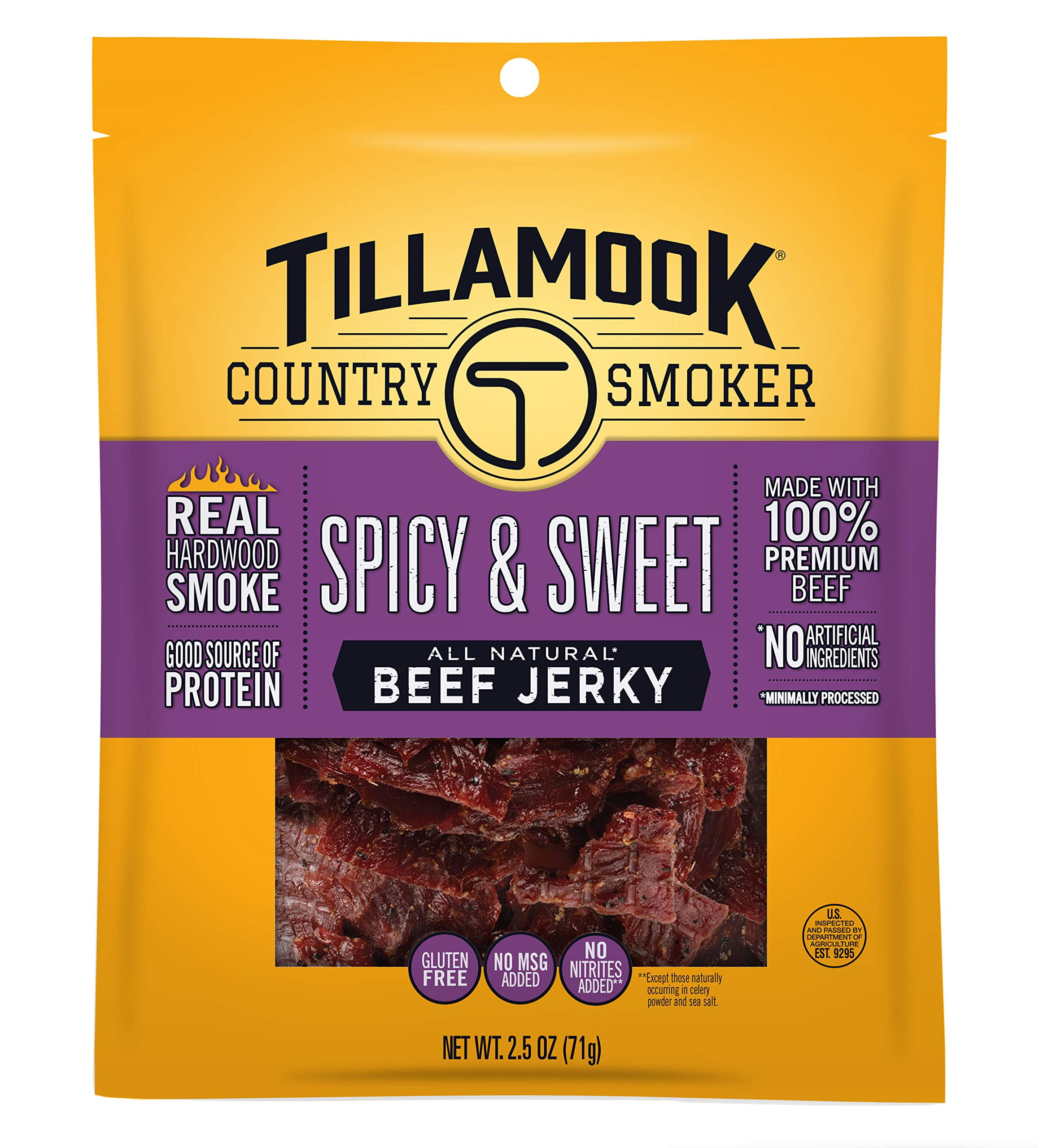 Tillamook Country Smoker Real YPF5Hardwood Smoked Beef Jerky, Spicy & Sweet, 2.5 Ounce