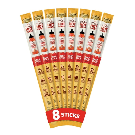 Tillamook Country Smoker Smoked Sausage, Mike's Hot Honey, 1 Ounce (8 Sticks) Real Hardwood Smoked Sausages, Low Carb, High Protein, Individually Wrapped, Ready to Eat Sweet and Spicy Snack