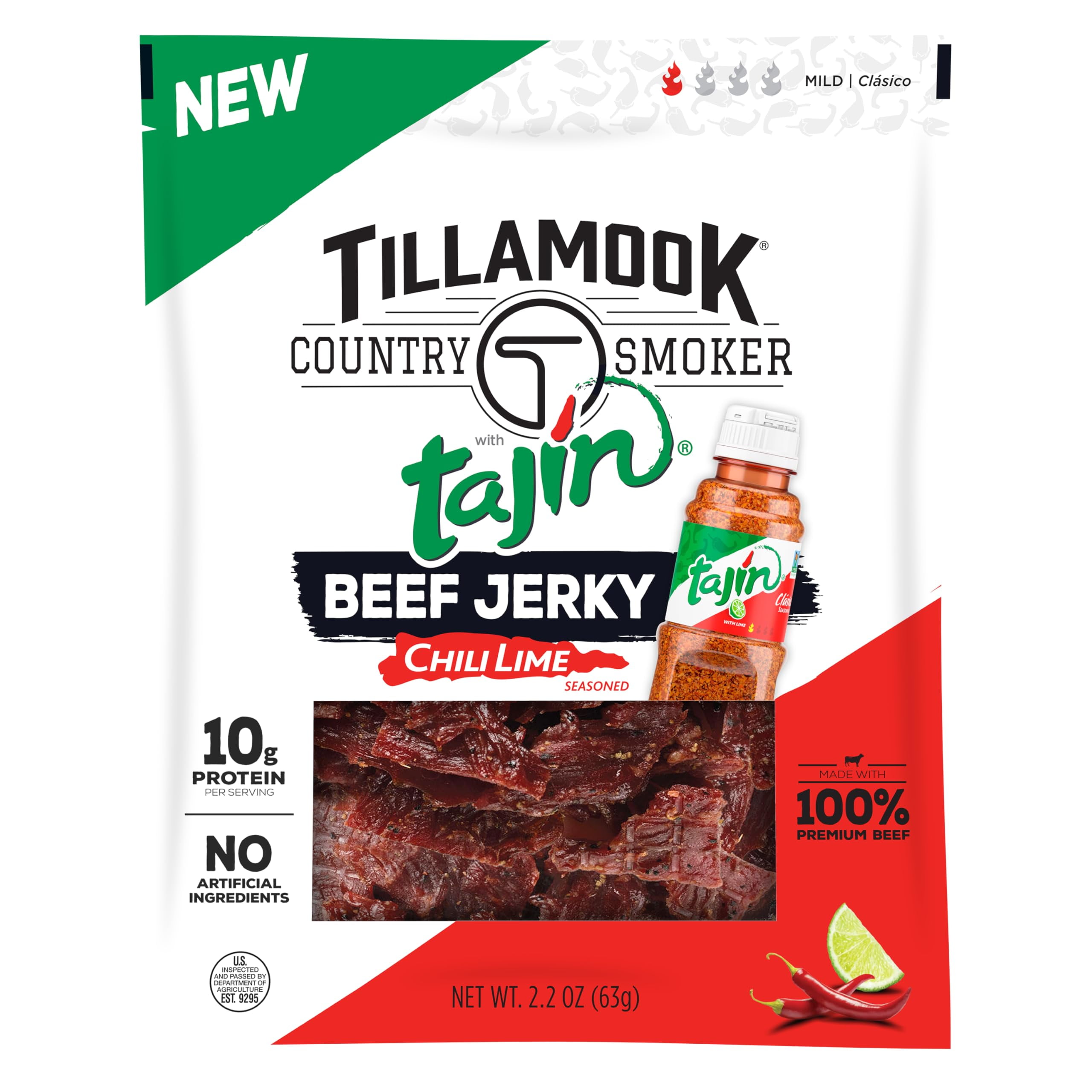 Tillamook Country Smoker Tajn MZF22 Flavored Chili Lime Beef Jerky,High Protein, Ready to Eat Snacks, Savory and Tangy Flavor, On-the-Go Snack, 2.2 Ounce