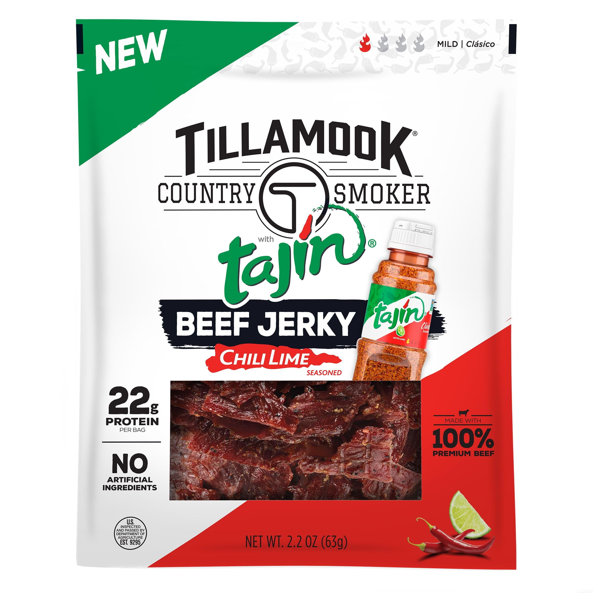 Tillamook Country Smoker Tajn Flavored HYZ01 Chili Lime Beef Jerky,High Protein, Ready to Eat Snacks, Savory and Tangy Flavor, On-the-Go Snack, 2.2 Ounce