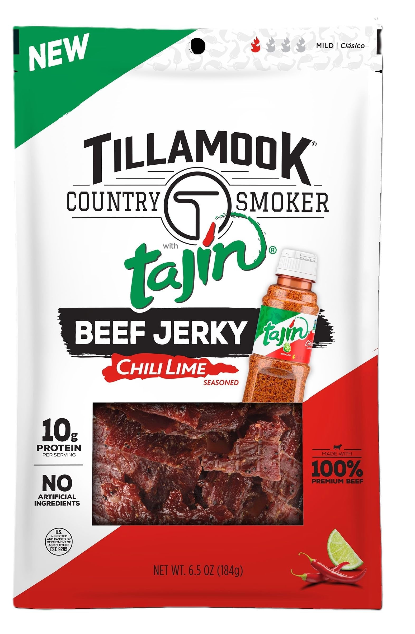 Tillamook Country SmokerITSCTajn Flavored Chili Lime Beef Jerky,High Protein, Ready to Eat Snacks, Savory and Tangy Flavor, On-the-Go Snack, 6.5 Ounce