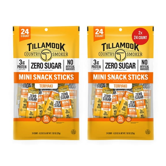 Tillamook Country Smoker Zero Sugar Teriyaki Mini Smoked Sausages, 0.33 oz, 48 Ct, Individually Wrapped Beef Sticks for Afternoon Snacks, Lunchboxes, Travel, Real Hardwood Smoked